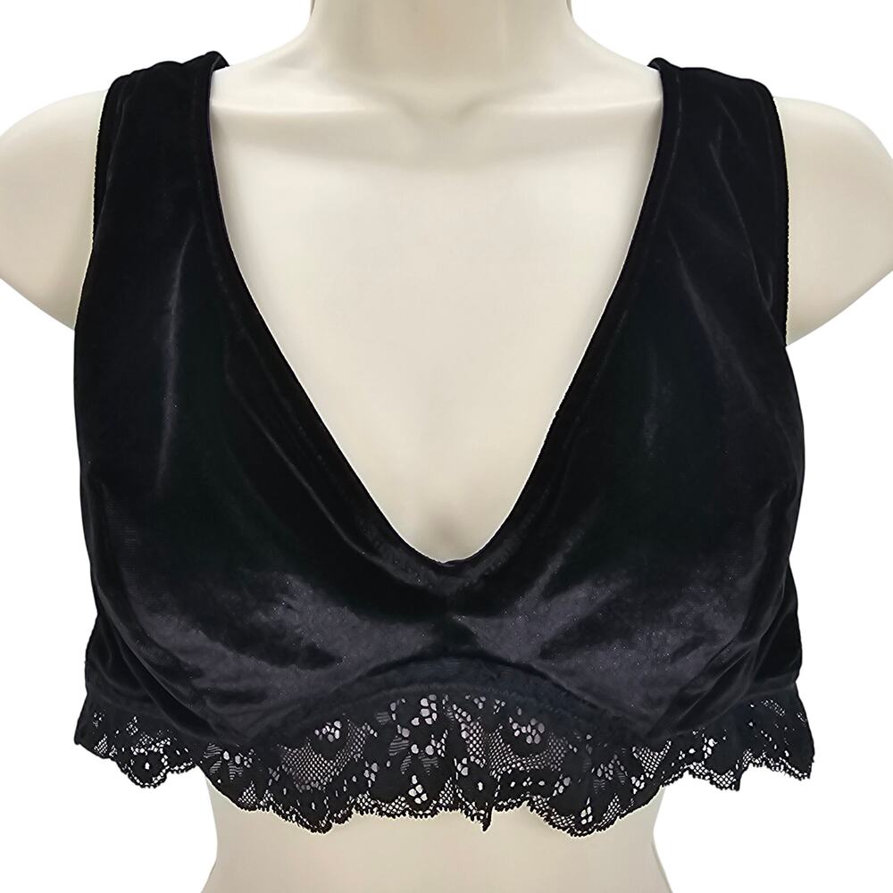 Auden Womans size L Velvet and Lace V-Neck Plunge Wireless Bralette V-Back Black
